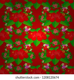 Modern hibiscus flower pattern with royal hibiscus. Colored orient pattern in red, green and pink colors. Seamless floral ornament.