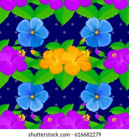 Modern hibiscus flower pattern with royal hibiscus. Colored orient pattern on a blue background. Seamless floral ornament.