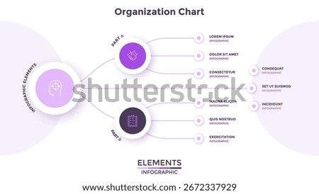 Modern hierarchical organizational chart with connected rectangular elements. Concept of company structure visualization. Flat infographic design template. Simple vector illustration for presentation.