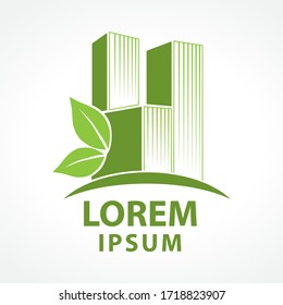 Edificio moderno de alto nivel con dos hojas verdes, plantilla de logotipo vectorial