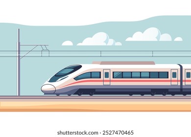 Moderno trem elétrico aerodinâmico de passageiros de alta velocidade sobre trilhos. Ilustração vetorial em estilo minimalista.