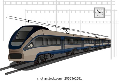 Modern high speed electro urban train for passengers and railway, 3d vector image isolation on white background