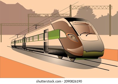 Moderno tren urbano electrónico de alta velocidad para pasajeros y ferrocarril, aislamiento de imágenes vectoriales 3d sobre fondo blanco.eps 10.ilustración vectorial sobre colores claros y suaves, diseño de logotipo para el estilo de stock