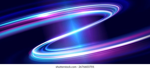 Modern high speed movement, technology concept. Fast moving light streams. Abstract neon light trails, Dynamic swirling light effects, Glowing light arcs. Creative design element.