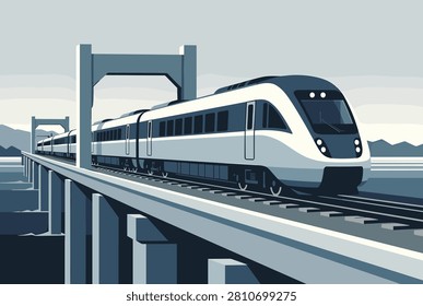 Modern high speed passenger train traveling along a massive concrete bridge over a calm body of water towards distant mountains at sunset or dawn.