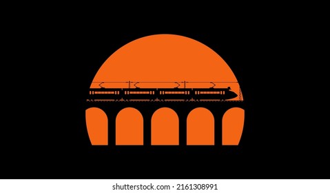 Modern high speed suburban train silhouette rides on the old arch bridge at sunset. Old viaduct. Flat vector illustration on black background.