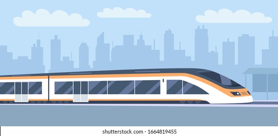 Modern High Speed Train At The City Railway Station Vector Illustration