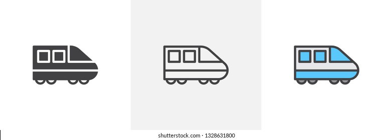 Modern high speed train icon. Line, glyph and filled outline colorful version, locomotive outline and filled vector sign. Symbol, logo illustration. Different style icons set. Pixel perfect vector 