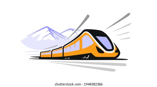 Modern High Speed Train Logo With Mountain. Locomotive Transport Color Sign