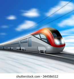 Modern High Speed Train In Motion With Blur Sky On Background Vector Illustration