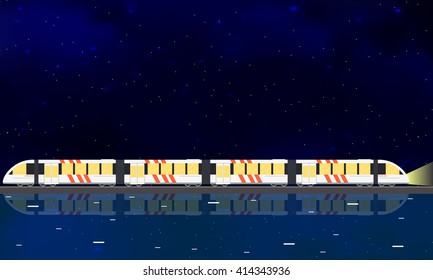 Modern high speed train. Night starry sky. Flat style. The reflection in the water. Railway Bridge across the river. The journey by train. Vector illustration.