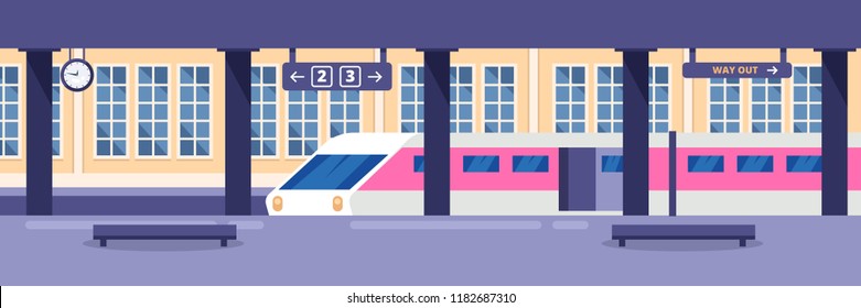 Modern high speed train on empty railway station. Railway passenger public transport, vector illustration. Railroad travel and trip concept.