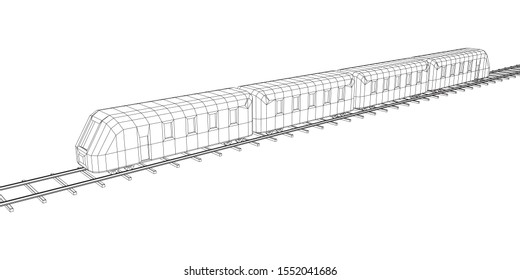 Modern high speed train on straight rails. Railway wireframe low poly mesh vector illustration