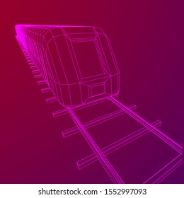 Modern high speed train on straight rails. Railway wireframe low poly mesh vector illustration