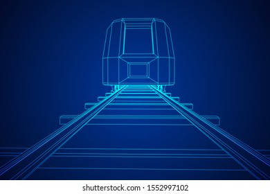 Modern high speed train on straight rails. Railway wireframe low poly mesh vector illustration