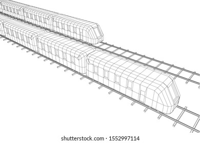 Modern high speed train on straight rails. Railway wireframe low poly mesh vector illustration