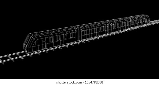 Modern high speed train on straight rails. Railway wireframe low poly mesh vector illustration