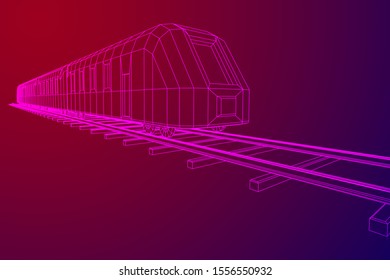 Modern high speed train on straight rails. Railway wireframe low poly mesh vector illustration