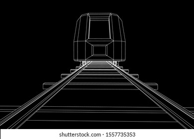 Moderner Hochgeschwindigkeitszug auf geraden Schienen. Drahtgitter mit Low-Poly-Gitter, Vektorgrafik