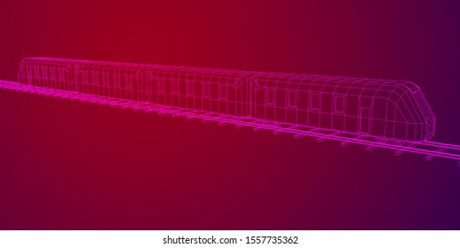 Modern high speed train on straight rails. Railway wireframe low poly mesh vector illustration
