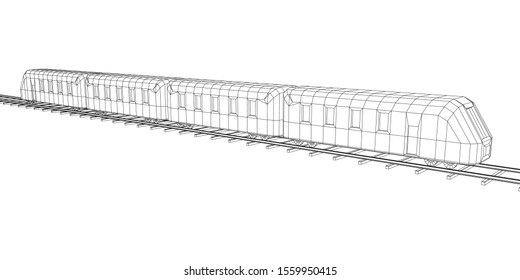 Modern high speed train on straight rails. Railway wireframe low poly mesh vector illustration