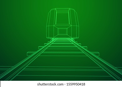 Modern high speed train on straight rails. Railway wireframe low poly mesh vector illustration