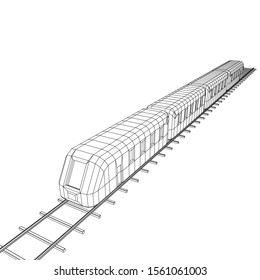 Modern high speed train on straight rails. Railway wireframe low poly mesh vector illustration