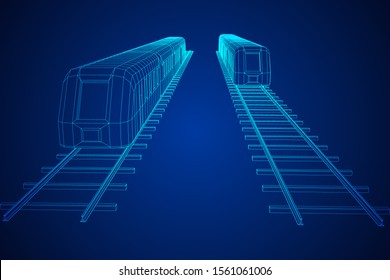 Modern high speed train on straight rails. Railway wireframe low poly mesh vector illustration