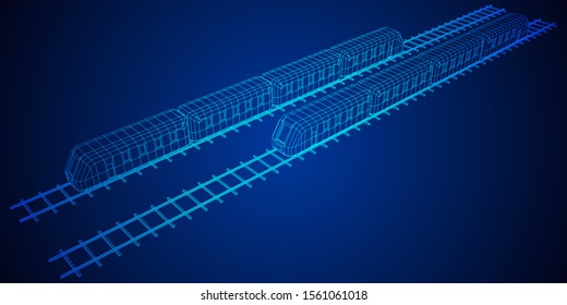 Tren moderno de alta velocidad en rieles rectos. Ilustración vectorial de malla baja del modelo de alambre ferroviario