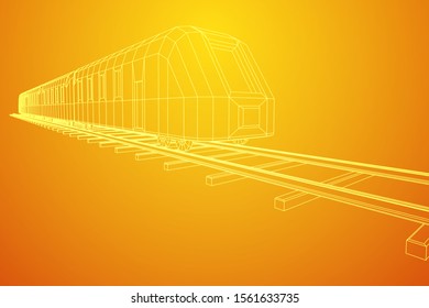 Modern high speed train on straight rails. Railway wireframe low poly mesh vector illustration