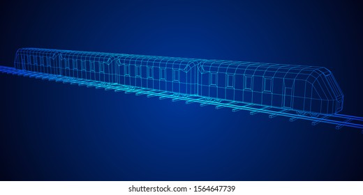 Modern high speed train on straight rails. Railway wireframe low poly mesh vector illustration
