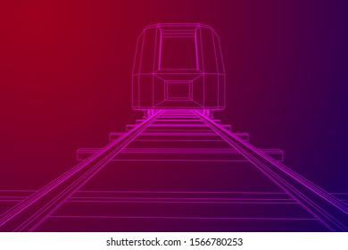 Modern high speed train on straight rails. Railway wireframe low poly mesh vector illustration