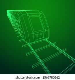 Modern high speed train on straight rails. Railway wireframe low poly mesh vector illustration