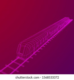 Modern high speed train on straight rails. Railway wireframe low poly mesh vector illustration