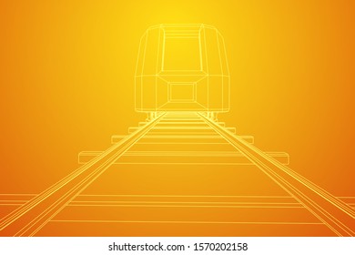 Modern high speed train on straight rails. Railway wireframe low poly mesh vector illustration
