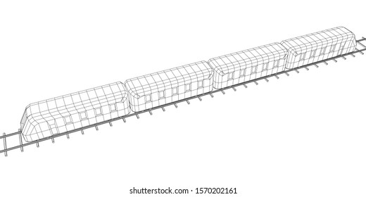 Modern high speed train on straight rails. Railway wireframe low poly mesh vector illustration
