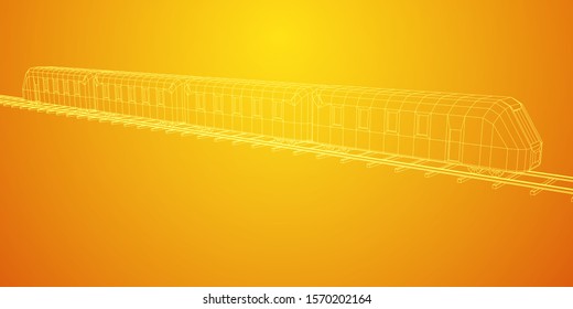 Modern high speed train on straight rails. Railway wireframe low poly mesh vector illustration