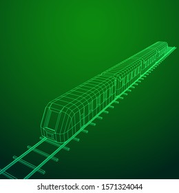 Modern high speed train on straight rails. Railway wireframe low poly mesh vector illustration