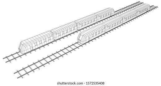 Modern high speed train on straight rails. Railway wireframe low poly mesh vector illustration
