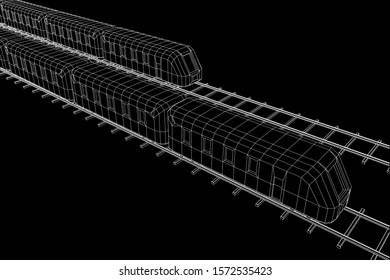 Modern high speed train on straight rails. Railway wireframe low poly mesh vector illustration
