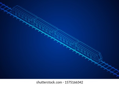 Modern high speed train on straight rails. Railway wireframe low poly mesh vector illustration