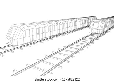 Modern high speed train on straight rails. Railway wireframe low poly mesh vector illustration