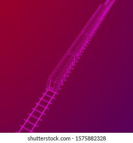 Modern high speed train on straight rails. Railway wireframe low poly mesh vector illustration