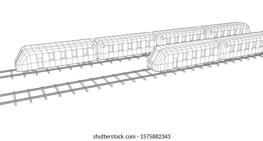 Modern high speed train on straight rails. Railway wireframe low poly mesh vector illustration