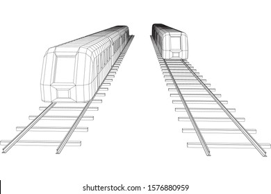 Modern high speed train on straight rails. Railway wireframe low poly mesh vector illustration