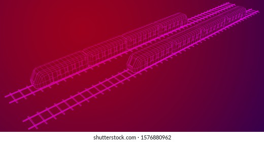 Modern high speed train on straight rails. Railway wireframe low poly mesh vector illustration