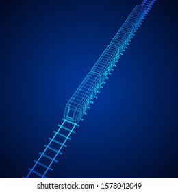 Modern high speed train on straight rails. Railway wireframe low poly mesh vector illustration