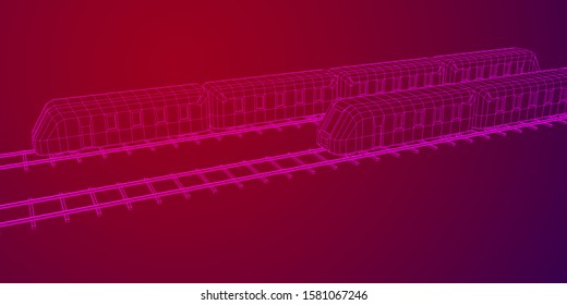 Tren moderno de alta velocidad en rieles rectos. Ilustración vectorial de malla baja del modelo de alambre ferroviario
