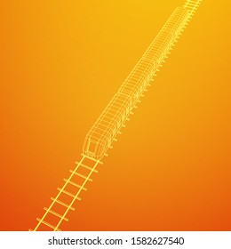 Modern high speed train on straight rails. Railway wireframe low poly mesh vector illustration