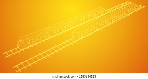 Modern high speed train on straight rails. Railway wireframe low poly mesh vector illustration